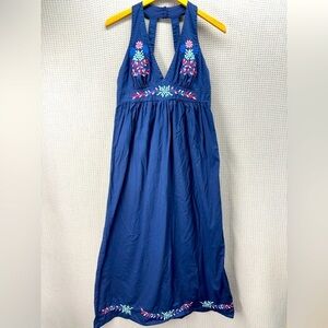 Gap Women’s Boho Floral Blue Embroidered Maxi Halter Dress Women Sz Med Summer